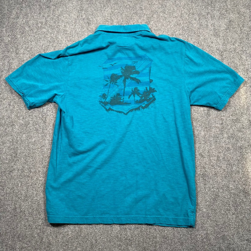 Kirra Mens Large Blue Graphic‎ Print Short Sleeve Polo Shirt Cotton Beach